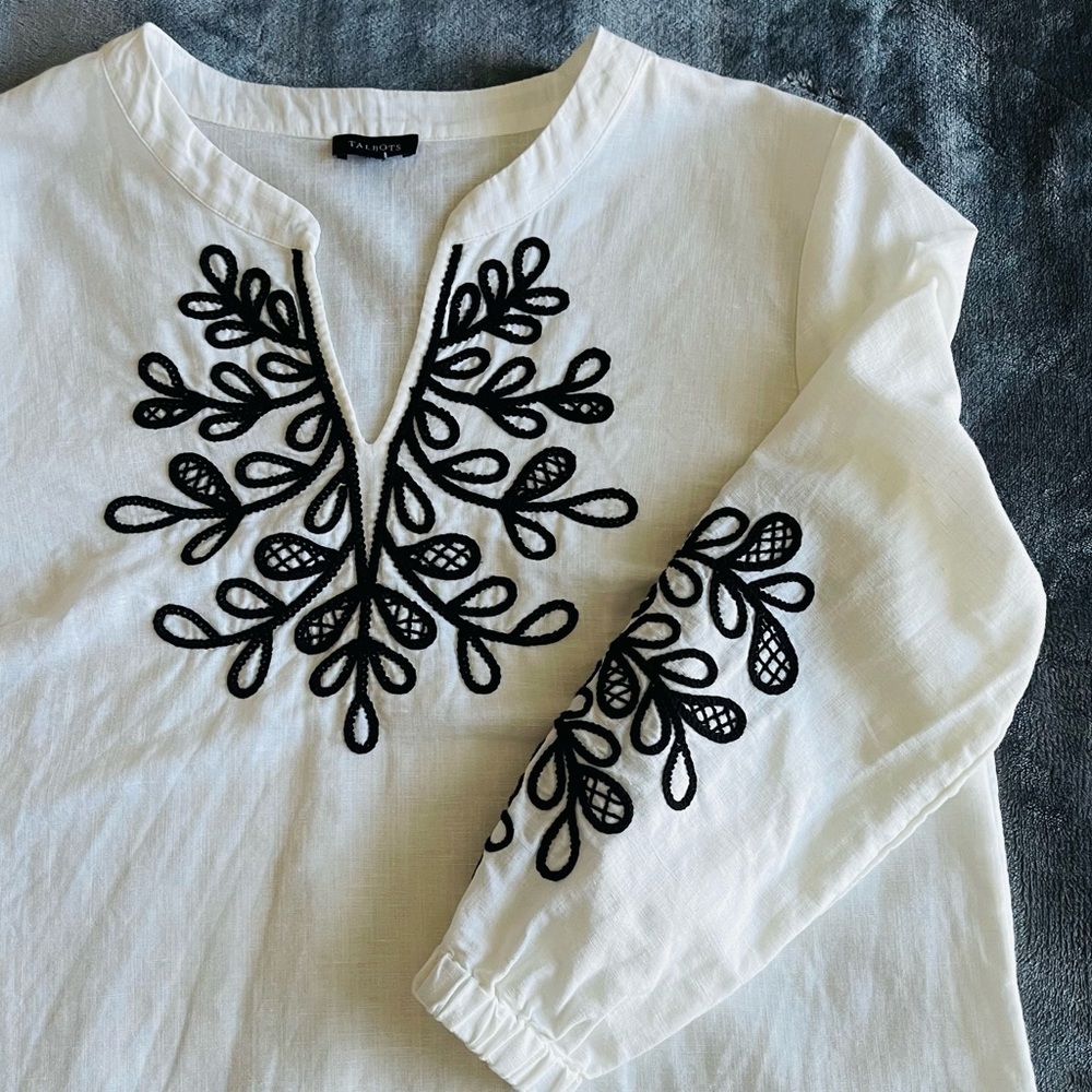 Talbots Embroidered Linen Cotton Tunic Top Size M White Black 3/4 Sleeve Popover - Picture 8 of 11